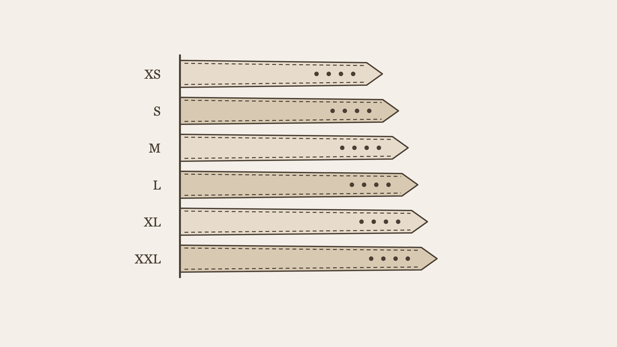 Drawing: watch straps in sizes XS to XXL, each a little longer