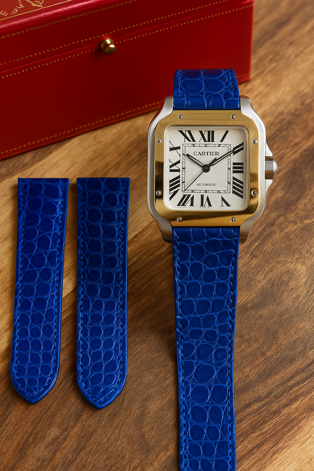 Cartier Santos 100 Lederarmband (M & XL) – glänzendes Alligatorleder