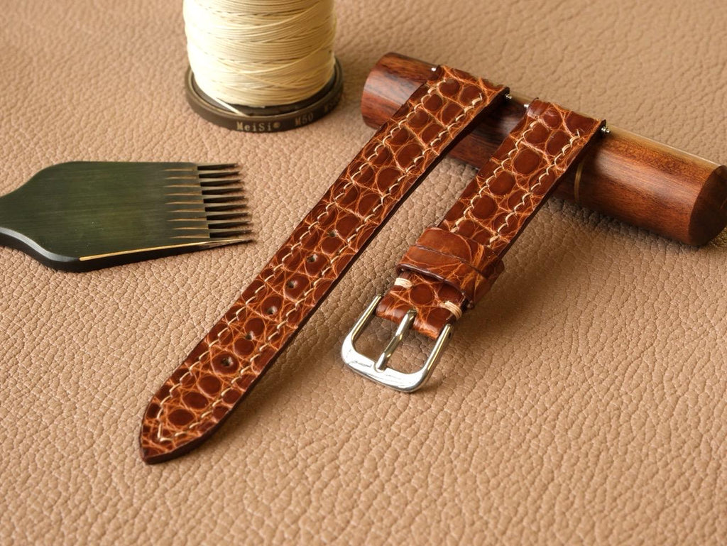 Bespoke Cartier Tank Leather Watch Strap - Handmade Shiny Alligator Leather Strap