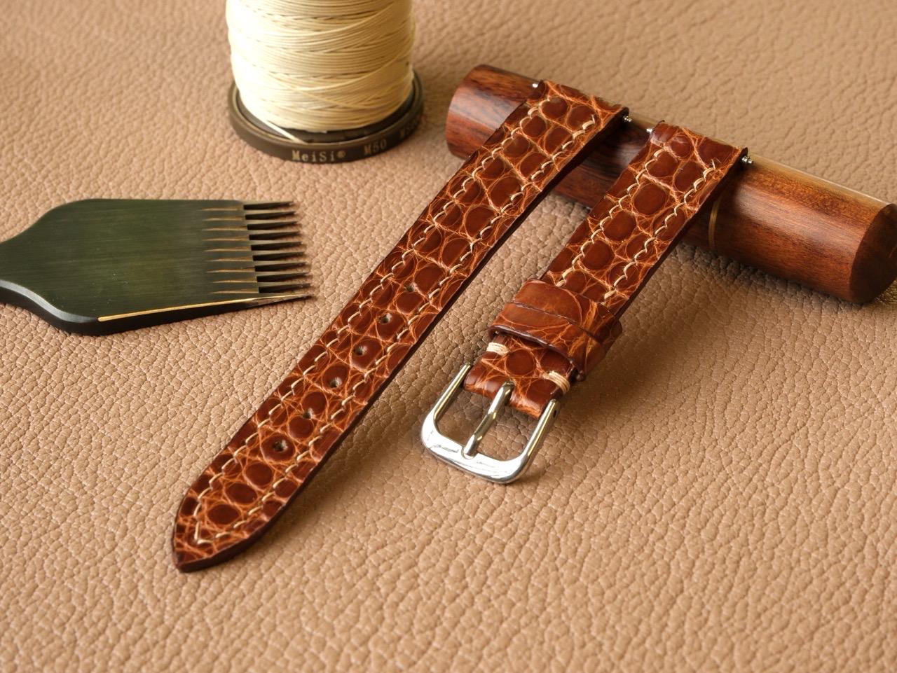 Bespoke Cartier Tank Leather Watch Strap - Handmade Shiny Alligator Leather Strap