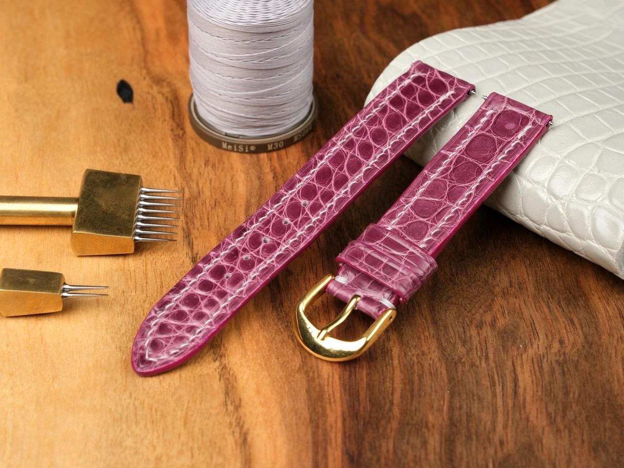 Bespoke Cartier Tank Leather Watch Strap - Handmade Shiny Alligator Leather Strap