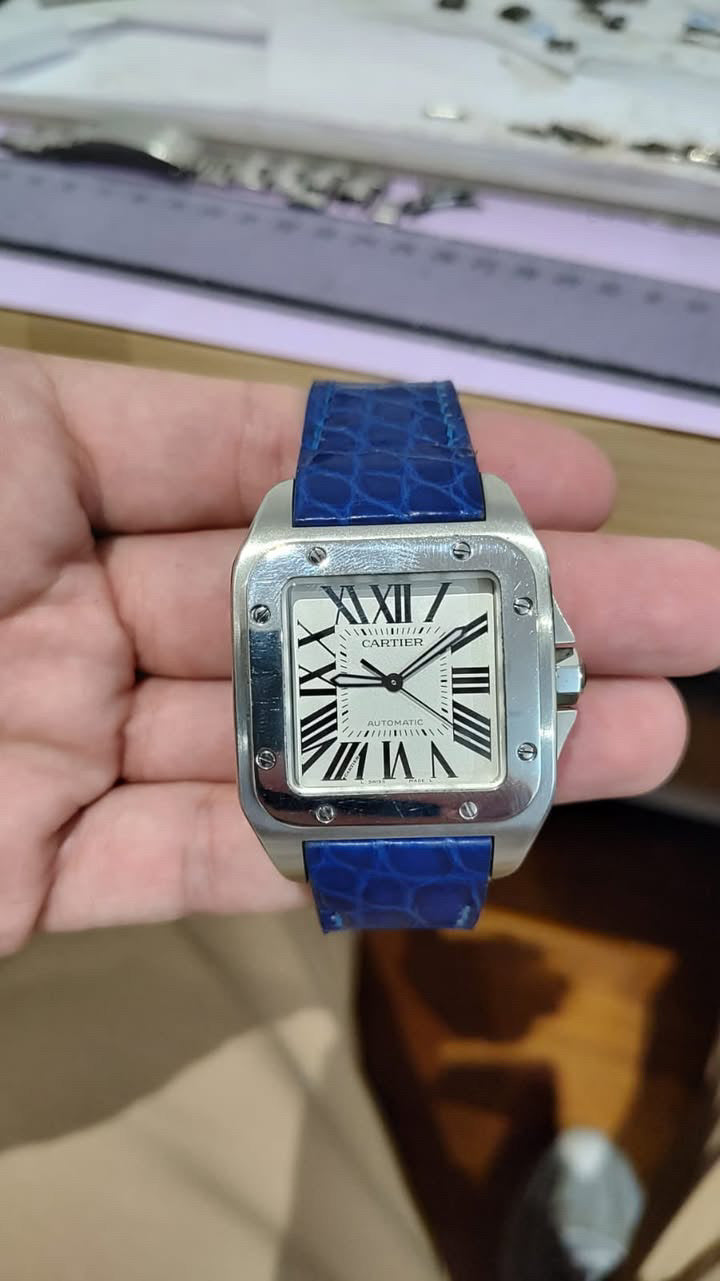 Cartier Santos 100 Lederarmband (M & XL) – glänzendes Alligatorleder