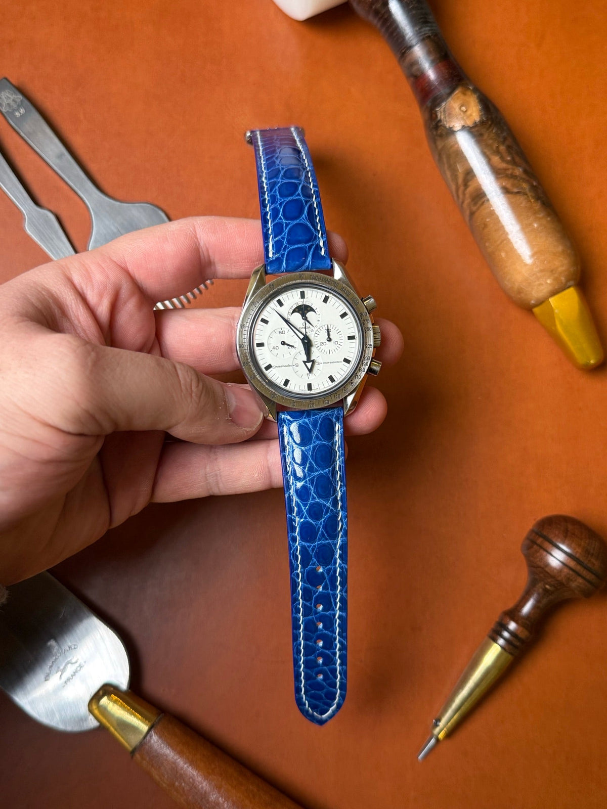 Shiny alligator leather strap for Omega Speedmaster & Seamaster – handmade by Atelier Taha